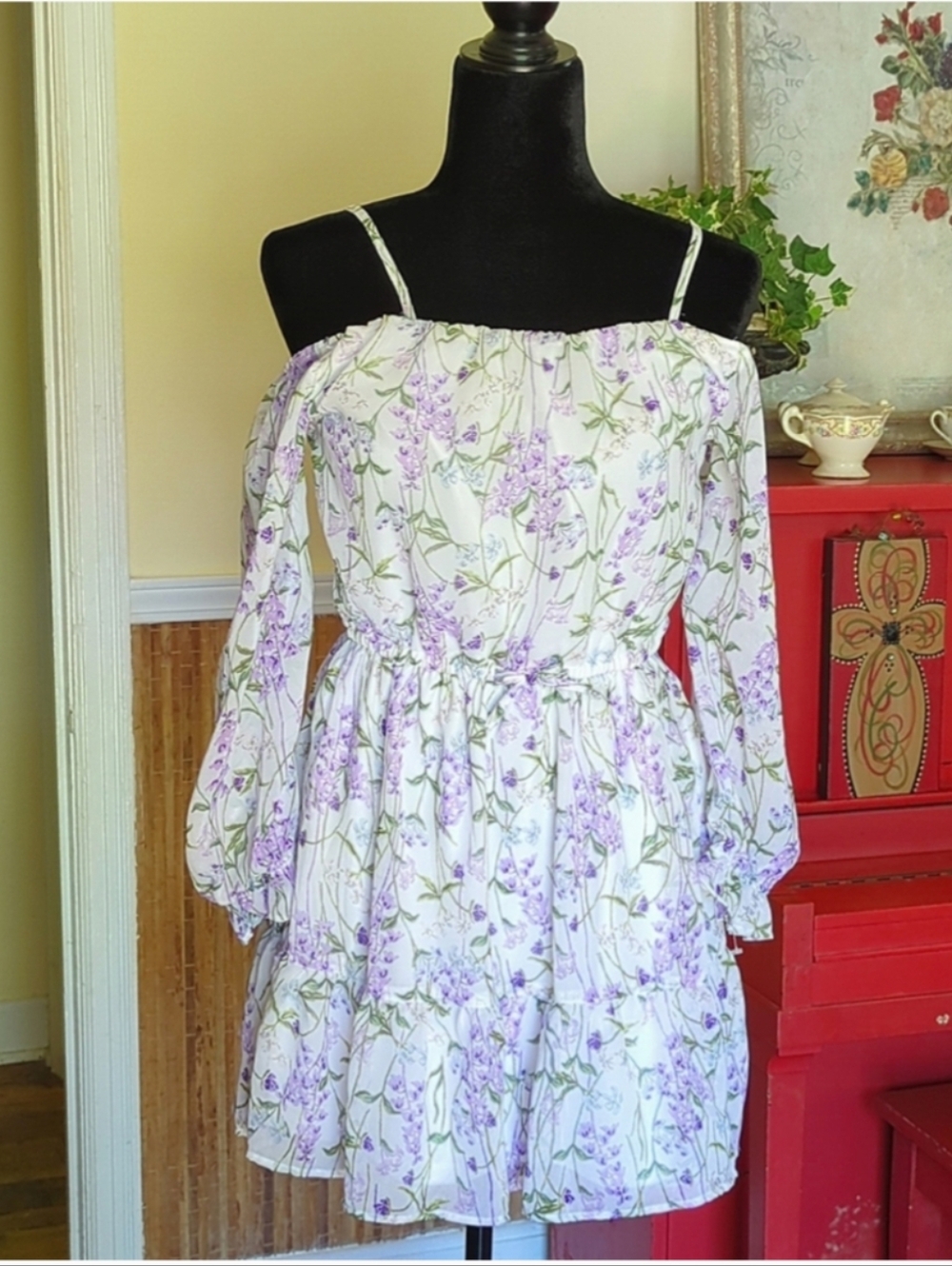 Floral Off-Shoulder Mini Dress in Lavender and White
